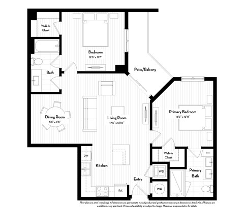 Floor plan for 2 beds, 2 baths, 1000 sqft